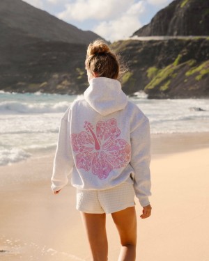 White Pink Palm Puff Hawaii Hibiscus Women Hoodie | P-90268419