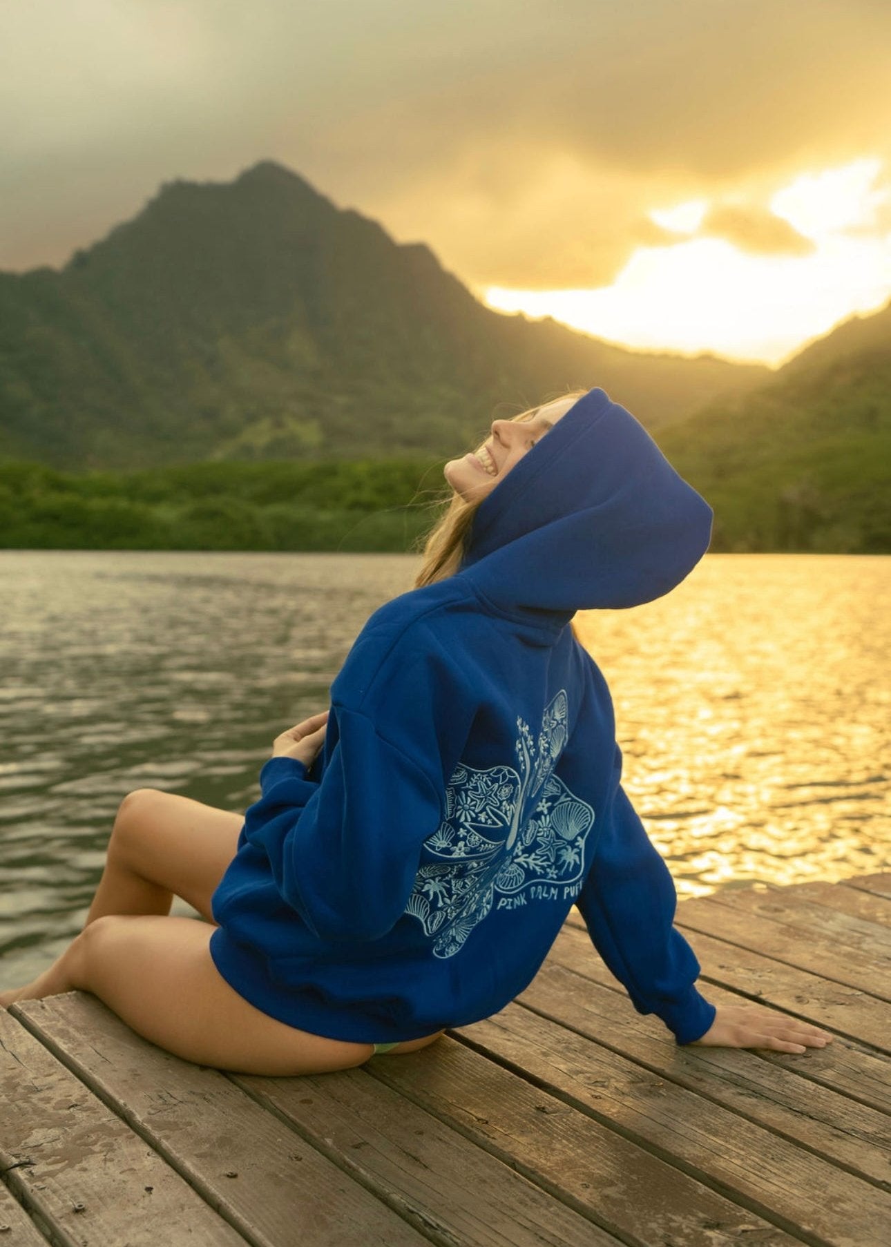 Blue Pink Palm Puff Hawaii Hibiscus Women Hoodie | P-59613709