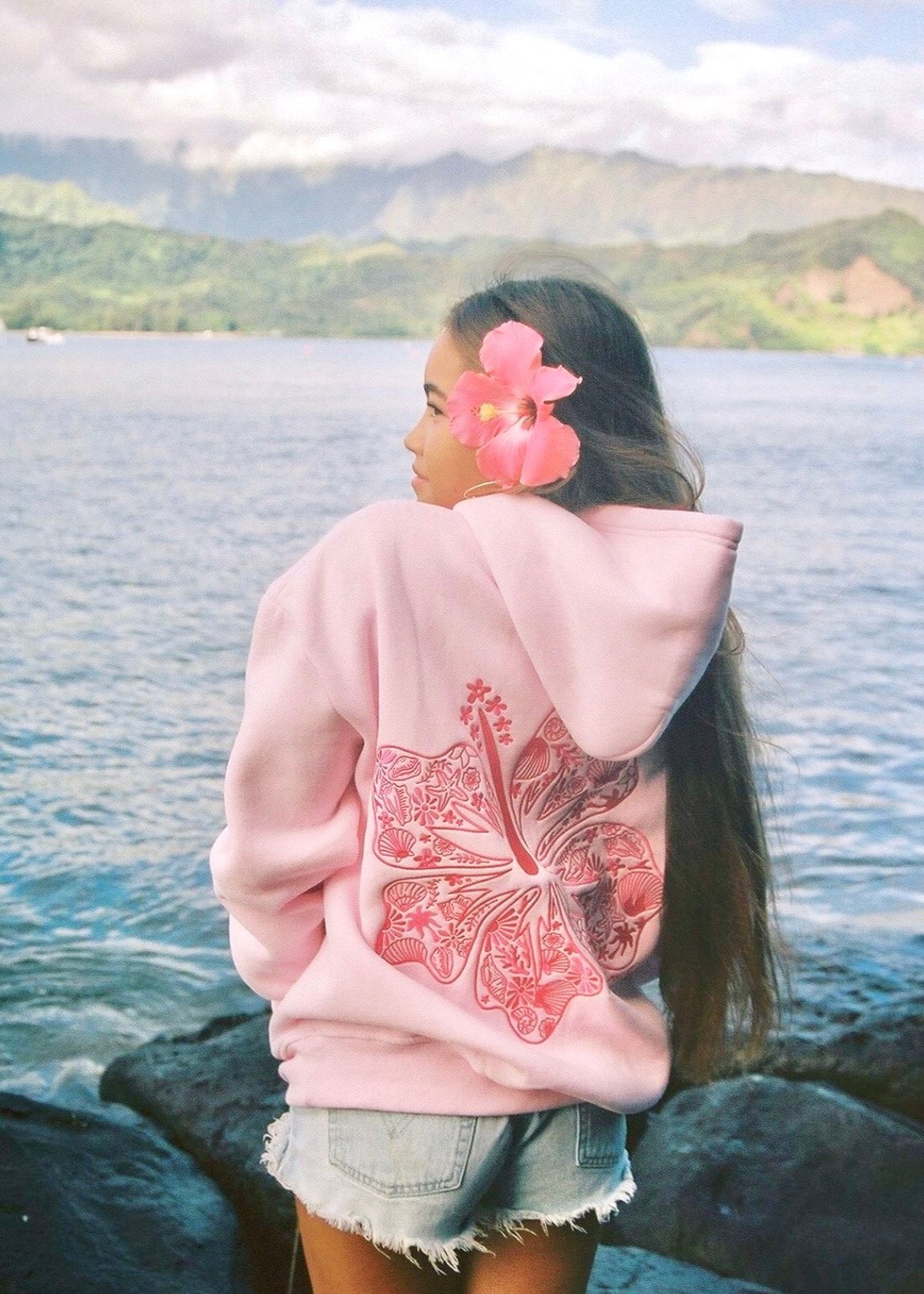 Rose Pink Palm Puff Hawaii Hibiscus Women Hoodie | P-03486959