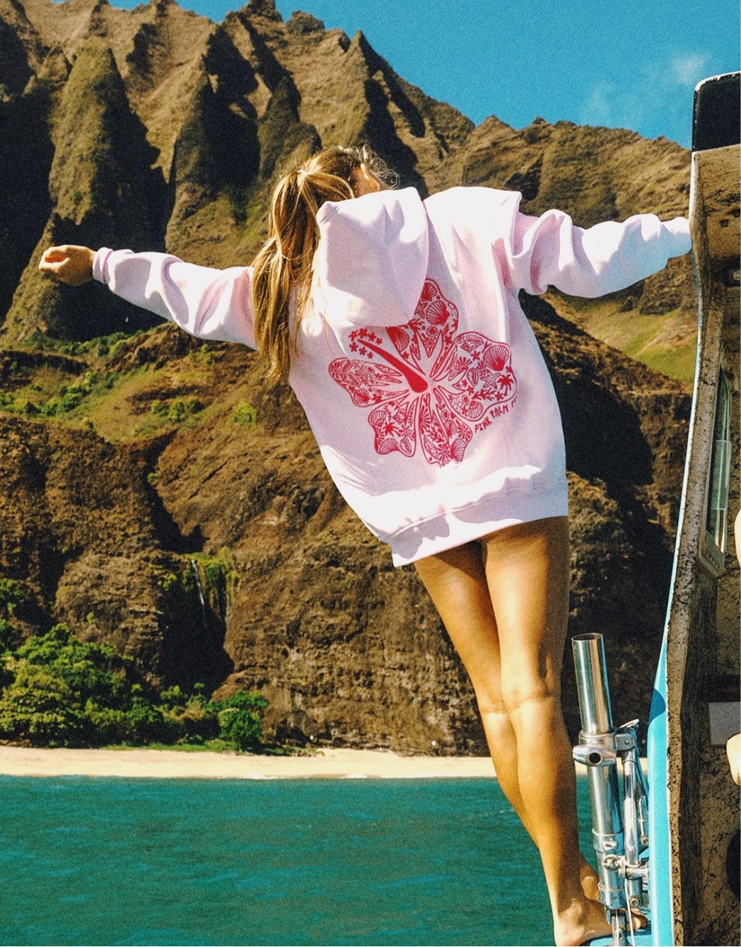 Rose Pink Palm Puff Hawaii Hibiscus Women Hoodie | P-03486959