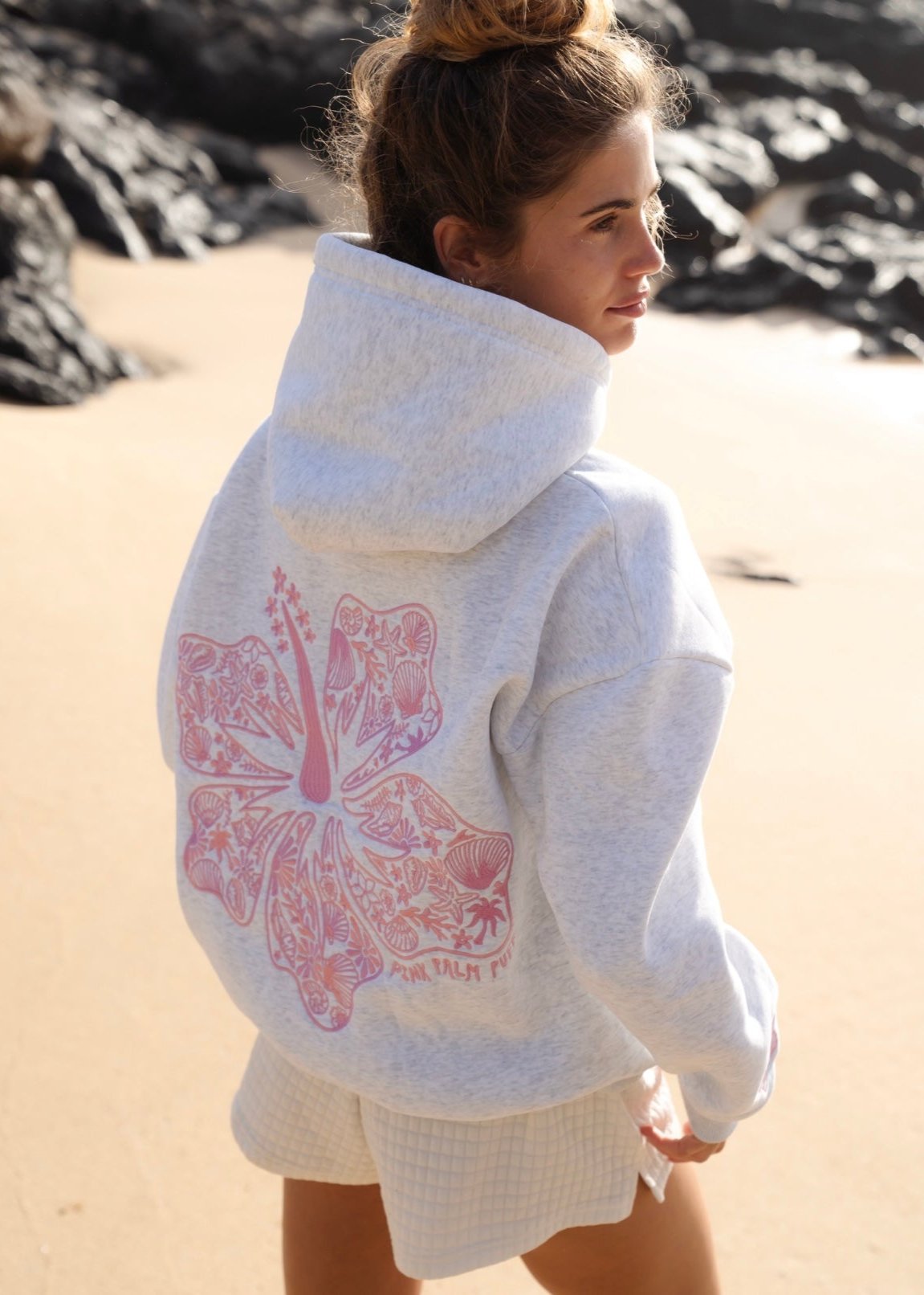 White Pink Palm Puff Hawaii Hibiscus Women Hoodie | P-90268419